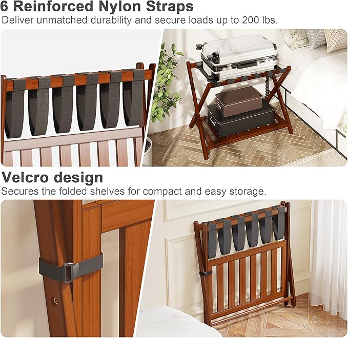 BAMBOOHOMIE 2 Pack Bamboo Luggage Rack for Guest Room, 26.77" Folding Wide Suitcase Stand with Storage Shelf, Thickened Luggage Stand Holder for Bedroom Hotel, Luggage Rack for Suitcases (Brown)