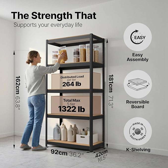 HOMEDANT House 36.2" W 5 Tier Heavy Duty Garage Shelving Adjustable Metal Rack Storage Shelves Standing Shelf Unit Organizers Pantry Closet Office Black 2Pack
