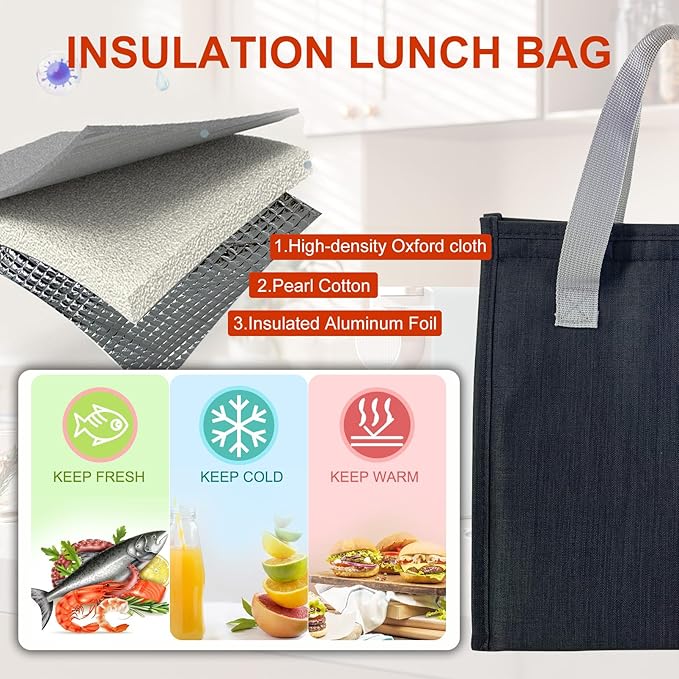 Mziart Minimalist Lunch Bag, Reusable Insulated Lunch Box for Women Men Leakproof Simple Bento Tote Adults Cooler Bag for Work Office Picnic or Travel (Black)