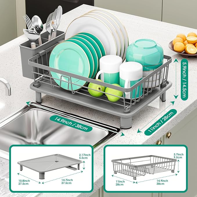 GAOKASE Dish Drying Rack, Stainless Steel-Dish Rack, Dish Racks for Kitchen Counter, Kitchen Dish Drainers with Removable Utensil Holder,New Drain Outlet,Plate Rack and Drainboard,(gray-11 W x 15" L)