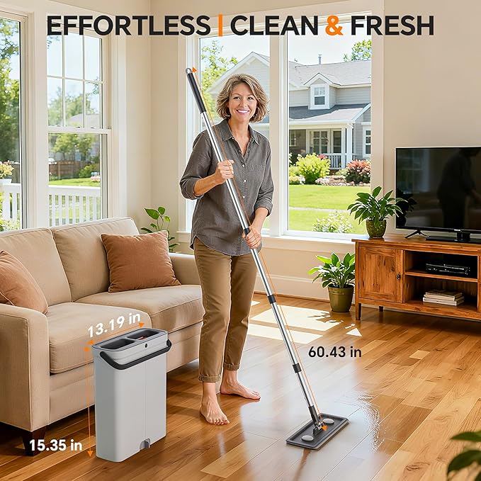 Compact Floor Mop and Bucket - Flat Mop and Bucket with Wringer Set Hands Free | Wet Dry Mop for Apartment, Tiny Home, RV, Windows, Wall (Compact Mop Bucket System Set (4 Pads))
