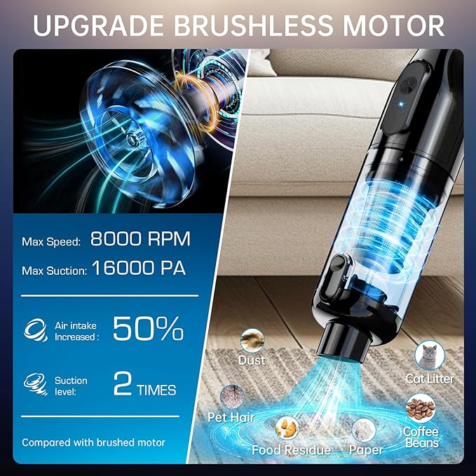 dormzie Handheld Vacuum Cordless, Car Vacuum with 16000Pa Powerful Suction, Lightweight at 1.3 lbs, Type-C Charge, Multiple Accessories, Rechargeable Vacuum Cleaners for Home Office Car Pet