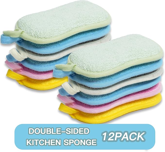 Dish Sponge Kitchen Sponges,Scrub Sponges,Double Sided Cleaning,Non Scratch,Ultra fine Fiber Wiping+Stainless Steel Wire to Remove Stubborn Stains,Durable Thickening (Large 12-Pack)