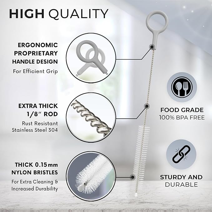 Heavy Duty Cleaning Brushes Set of 4 - Extra Long Straw Cleaners for Metal and Plastic Reusable Drinking Straws, to Clean Small Spaces, Sippy Cups, Water Bottles - Sturdy Hard Brush Bristles