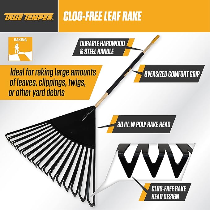True Temper 20212011 Clog Free Leaf Rake with Hardwood/Steel Handle, 30 in. for Leaves, Grass, Clippings, Twigs, Pine Needles, Acorns, Debris,Black