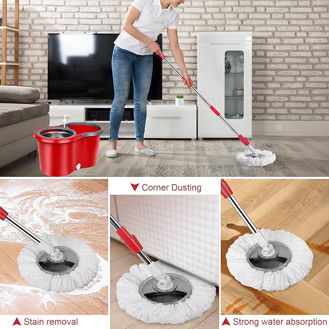 Spin Mop and Bucket with Wringer Set, 360° Spinning Mop Bucket System with 3 Microfiber Mop Replacement Heads, Adjustable Handle for Floor Cleaning (red)