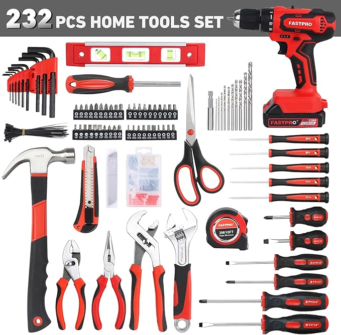 FASTPRO 232-Piece 20V Cordless Lithium-ion Drill Driver & Home Tool Set, Household Repairing Tools Kit with Drill, 12-Inch Wide Mouth Storage Bag, Red
