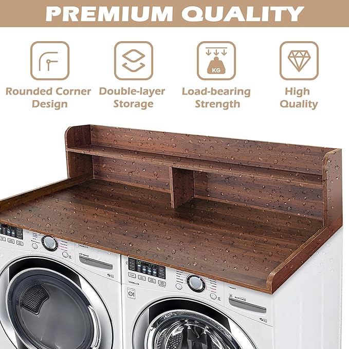Royxen Laundry Countertop with 2-Tier Shelf Universal Fit, Washer and Dryer Countertop with Storage Space, Shelf Height 11.5 Inches, Solid Wood Core, Walnut
