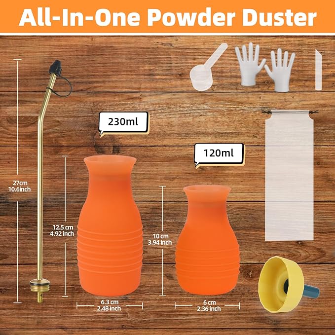 Diatomaceous Earth Duster, 230ml Large, Powder Duster Kit with Long Copper Tube & Folding Funnel, Indoor Outdoor Silicone Sprayer Heavy Duty Bulb Applicator for Home and Garden(Orange)