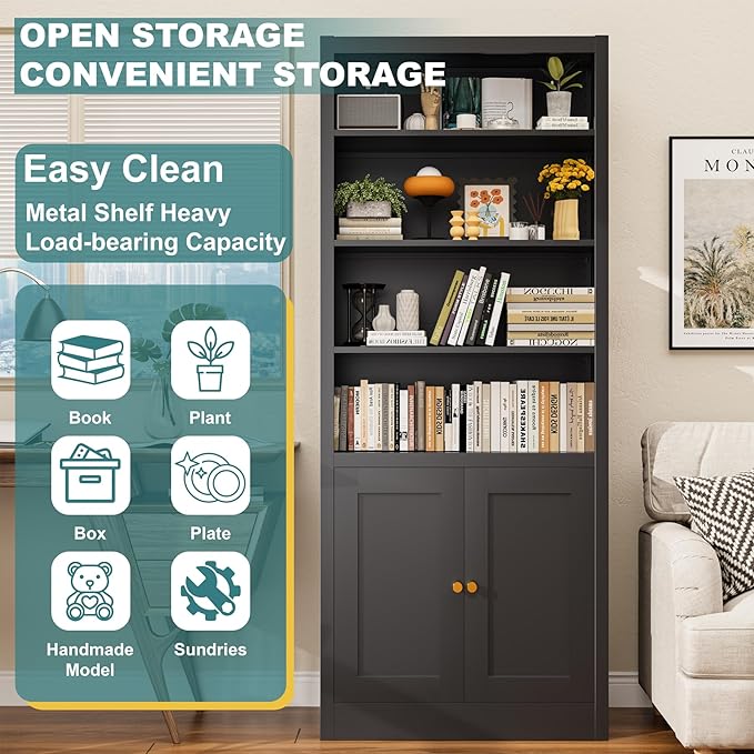 Bookshelf with Doors and Adjustable Shelves, 55" Tall Metal 5-Tier Bookcase, Freestanding Bookshelf for Living Room, Home Office, Kitchen Pantry Organizer Rack (Black)