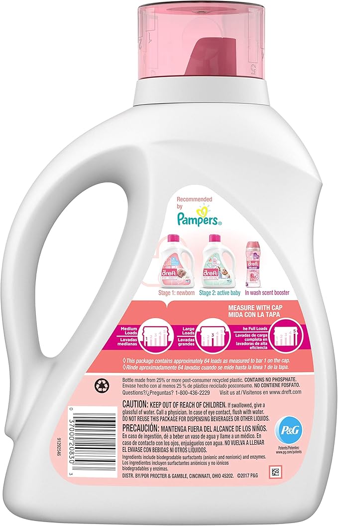 Dreft Stage 1: Newborn Hypoallergenic Liquid Baby Laundry Detergent (HE), Natural for Baby, Newborn, or Infant, 100 Ounces (64 loads) (Pack of 2)