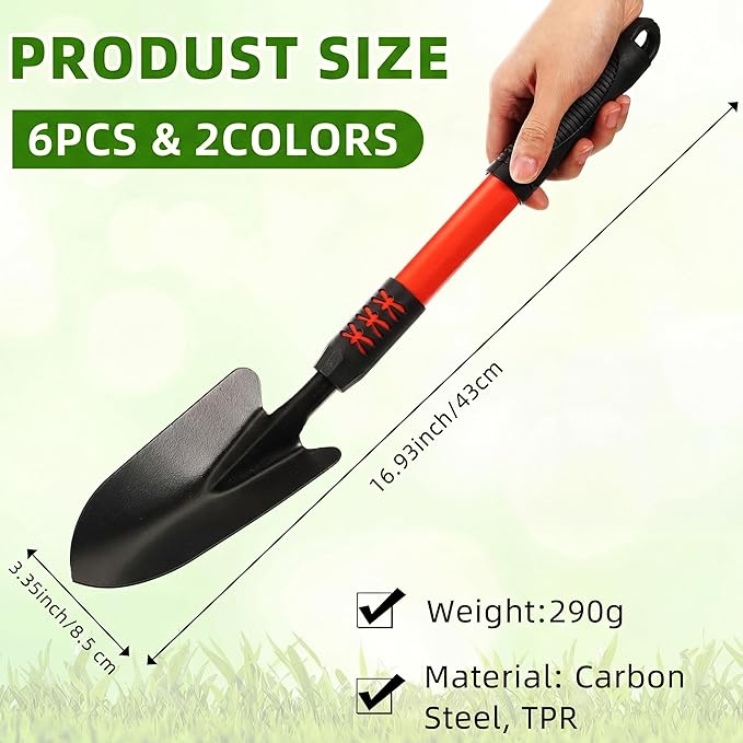 6 Pcs Garden Shovel Heavy Duty 16.93'' Long Handle Garden Hand Shovel Tool Extra Length Metal Hand Trowel Spade for Digging Planting Gardening Farm Lawn Yard Beach Home Shop