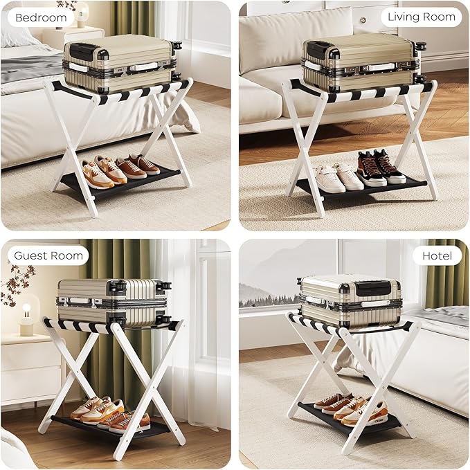 Fully Assembled Luggage Rack, 26.77" Folding Suitcase Stand with Storage Shelf, Bamboo Luggage Stand for Guest Room, Bedroon and Hotel, Holds up to 165 lb, Fit Most Luggage Size, 1 Pack, White