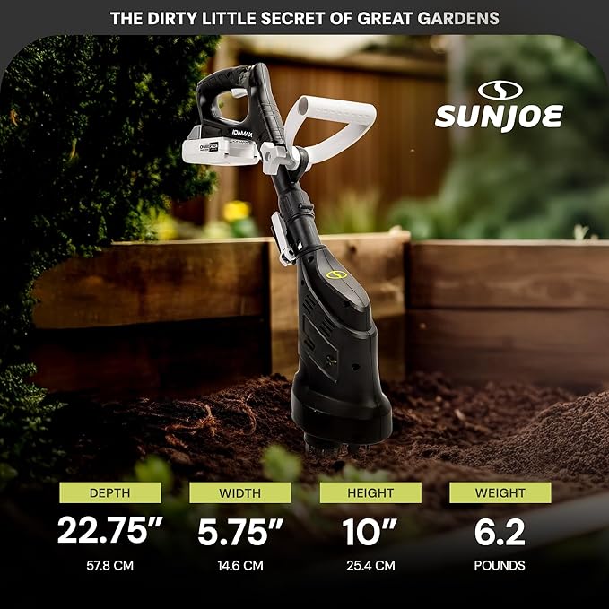 Sun Joe Cordless Garden Claw Tiller & Cultivator with 4-Tine Steel Blades, Battery & Charger, 3.6 Inch, 24V, 150W Motor - Heavy-Duty Tilling Machine for Lawn, Yard, and Gardening Care, 24V-CTLR-LTE