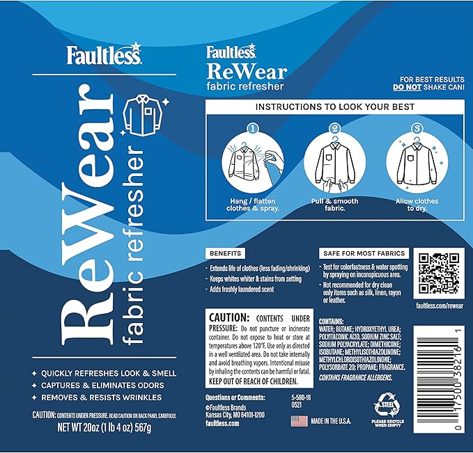 Faultless ReWear Dry Wash Spray for Clothing – Wrinkle Remover, Fabric Refresher Spray, Captures Odors – Like Dry Shampoo for Clothes: Fresh Look W/Out Laundry, 20oz