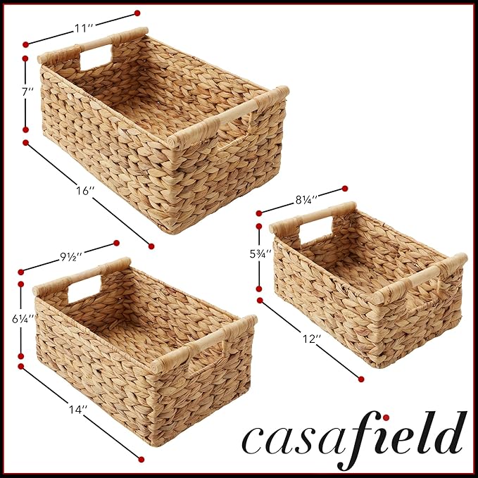Casafield Set of 3 Water Hyacinth Rectangular Storage Baskets with Wooden Handles - Small, Medium, and Large Woven Nesting Baskets for Organizing