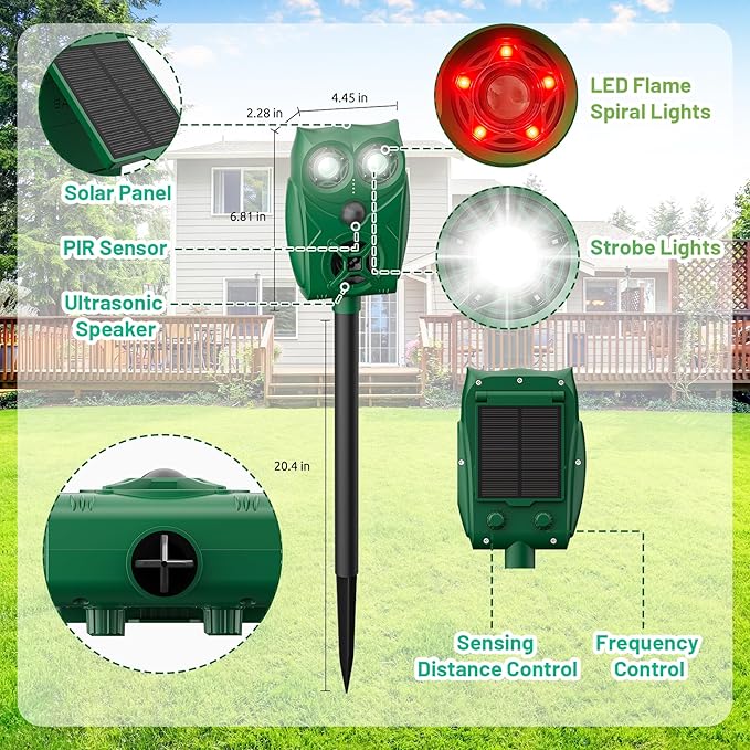 Solar-Powered Ultrasonic Animal Repellent with Motion Sensor, Waterproof Cat Deterrent with LED Flashing Lights, Perfect for Outdoor Yards, Effective to Repel Cats, Dogs, Coyotes, Raccoons, and Deer.