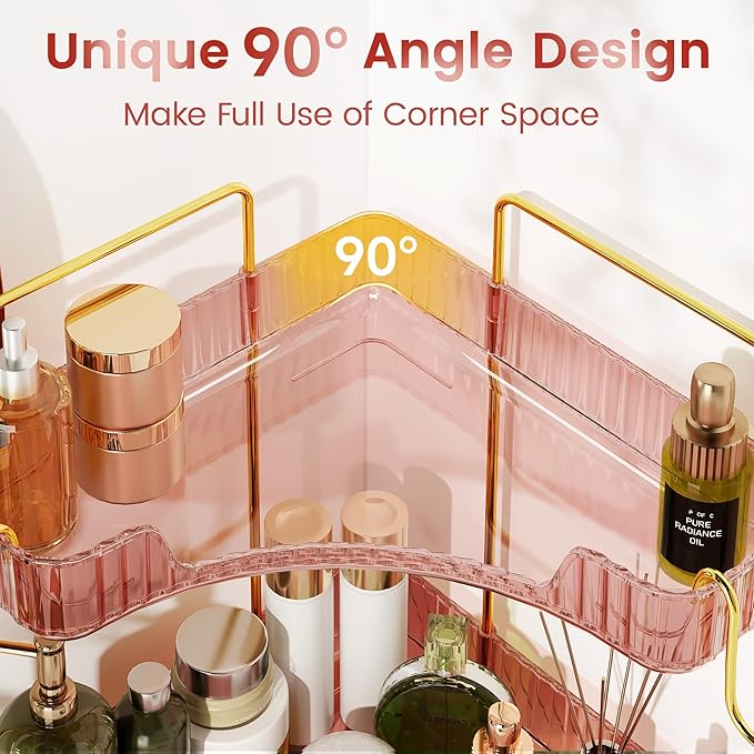 Delicate Pink 2-Tier Corner Counter Organizer with Expandable Hooks | Bathroom, Kitchen & Vanity Storage for PET Makeup, Skincare & Jewelry