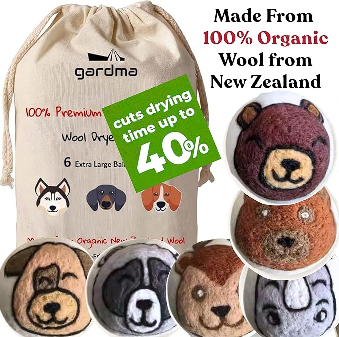 Wool Dryer Balls – 6 XL Organic Wool Balls, Reusable Natural Fabric Softener, Reduce Drying Time, Wrinkles, Static & Laundry Clumping, Eco-Friendly Laundry Balls
