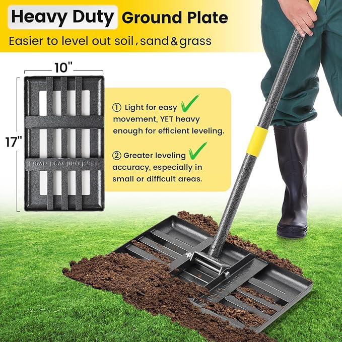 Lawn Leveling Rake, Heavy Duty 17"x10" Curved Ground Plate, 72" Long Handle Lawn Leveler Tool Landscape Rake for Compost Soil Dirt Sand Grass Peat Moss