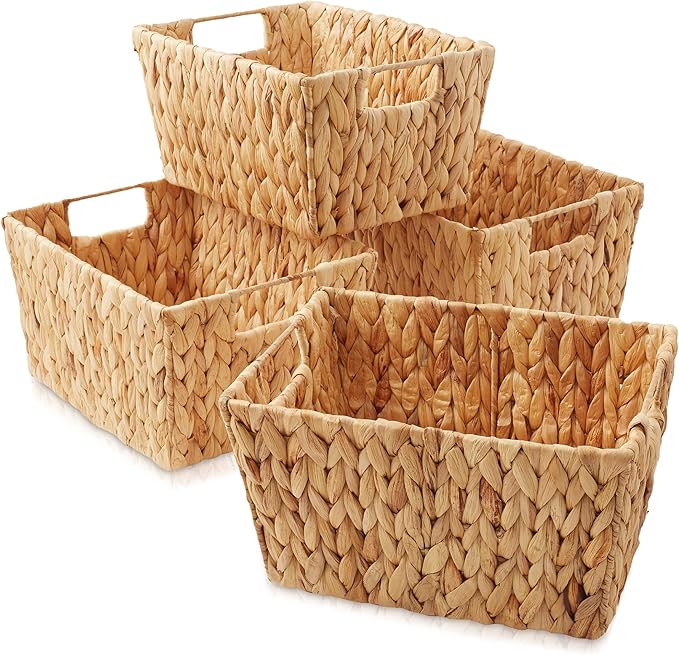 Casafield Set of 4 Water Hyacinth Storage Baskets with Handles - Natural, Woven Rectangular Storage Bins for Shelves, Blankets, Laundry Organization