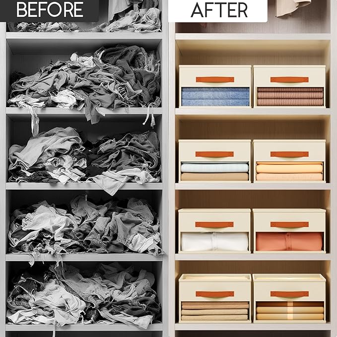 Homsorout Drawer Organizers and Storage - 10 Pack Foldable Pants Organizer with Clear Window & Handles, Fabric Closet Organizer for Clothes, Jeans, Sweaters, Towels, T-shirt, Scarf (Beige)