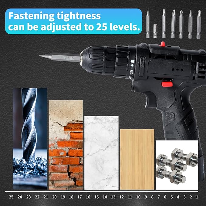 Jadeshay 12V Cordless Electric Drill, Rechargeable Lithium Drill with 3 Batteries, 25 Torque Settings, LED Light, 450W Power Tool Kit for Home & DIY, Includes 24-Piece Accessories