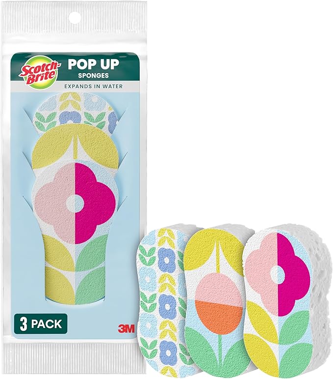 Scotch-Brite Brite Blooms Pop Up Kitchen Sponges, Unique Compressed Kitchen Sponge for Cleaning Gently, Spring Flower Pattern Dish Sponge that Expands with Water, 3 Scrubbing Sponges