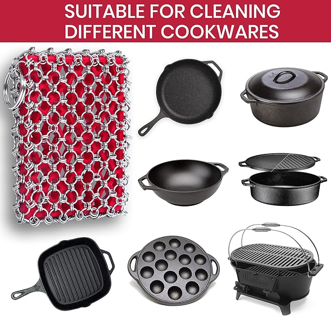 Cast Iron Scrubber Chainmail - 316L Cast Iron Cleaner Scrubber and Bamboo Cloth Set - Chain Mail Scrubber - Stainless Steel Chainmail Scrubber for Skillet, Pan, Dutch Oven - Essential Accessory