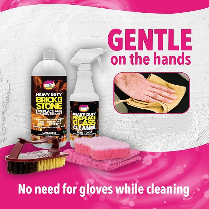 Quick 'n Brite Fireplace Cleaning Kit – Includes 16 oz Fireplace Glass Cleaner, 32 oz Gel Fireplace Cleaner, Scrub Brush, Sponge and Microfiber Towel