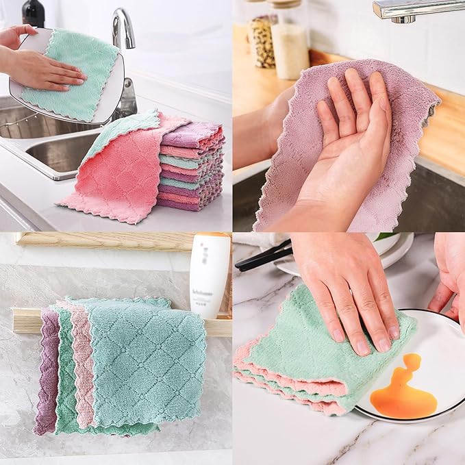 Reusable Microfiber Kitchen Cleaning Cloths – Super Absorbent, Quick-Drying Dish Towels for Kitchen Car Furniture Bowl Tea. 10.6" x 6.3" Coral Velvet Dishcloths Lint-Free Machine Washable 24 Pack Rags