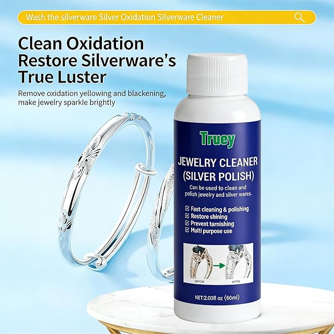 Truey Silver Cleaner, Jewelry Cleaner Silver Polish, for Pure Silver Pure Gold, Removes Tarnish & Restores Shine, Fast Dipping Solution for Sterling Silver & Gold, Gentle Anti-Tarnish liquid (60ml)