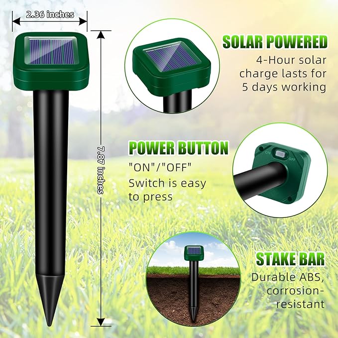 Solar Powered Mole Repellent Ultrasonic Outdoor, 8 Packs Snake Skunk Gopher Vole Rodent Deterrent, Waterproof Repeller for Yard Lawn Garden to Get Rid of Groundhog Chipmunk Raccoon