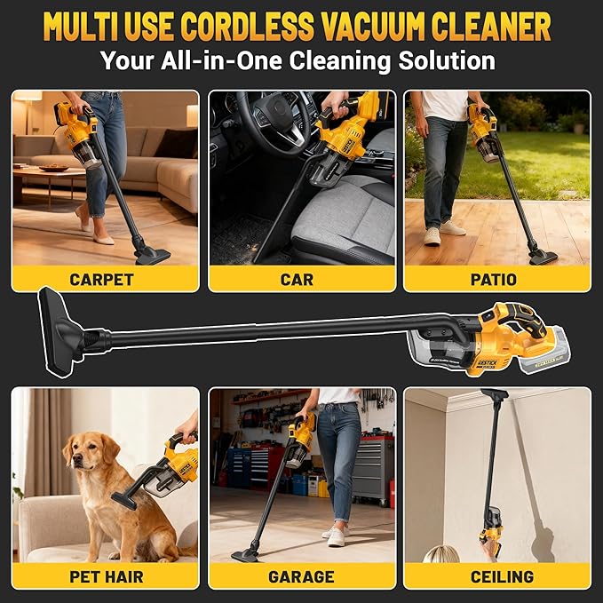 Cordless Vacuum Cleaner Compatible with Dewalt 20V Battery (No Battery), 50kPa 125AW Strong Suction | 5 HEPA Filters | 4-in-1 Nozzle | 65CFM Brushless Handheld Vacuum for Home, Car, Pet (Tool Only)