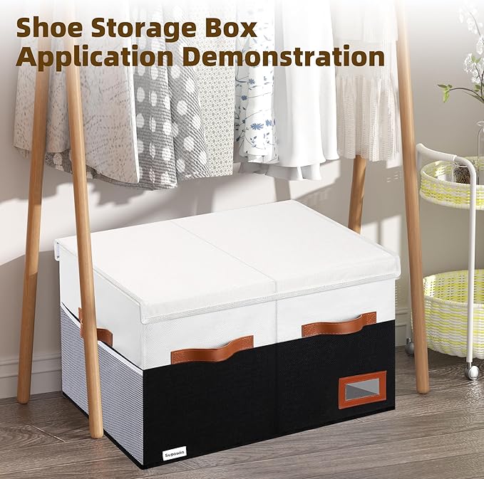 Supowin Shoe Organizer for Closet, Foldable Shoe Storage Bins with Lid & Adjustable Dividers, Fabric Shoe Box Storage Containers with Four Reinforced Handles, Fits 20 Pairs, 1 Pack, Black & White