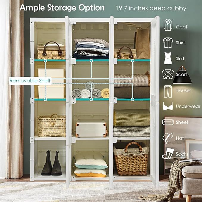 Tangkula Portable Closet Wardrobe, Foldable Clothes Organizer with Cubby Storage, Hanging Rods, Easy Assemble Clothing Storage with Magnet Doors, Folding Bedroom Armoire (12 Cubbies)