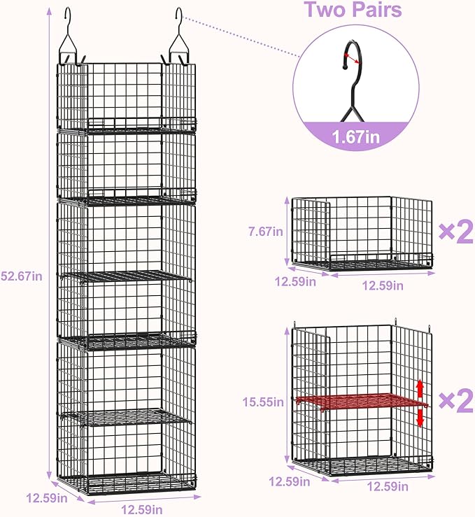 6 Tier Hanging Closet Organizers and Storage Stackable Hanging Closet Shelves with 4 Hooks 2 Adjustable Dividers, Wire Storage Basket Bins for Clothing Purse Sweaters Shoes Socks Dolls, Foldable