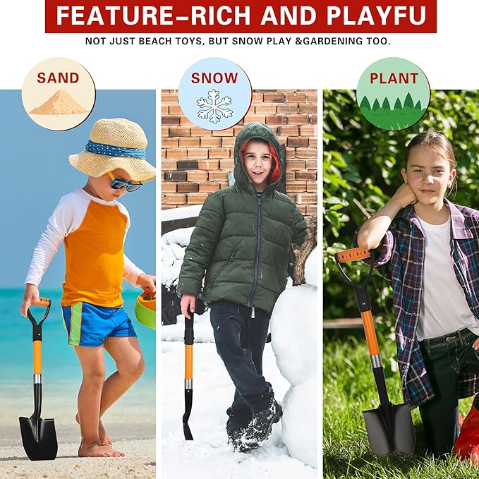 28-Inch Mini Garden Shovel, Kids Small Shovel, Fiberglass Handle with D-Grip & Alloy Steel Head for Car Emergency Kit, Beach, Planting & Light Duty Digging