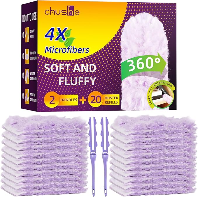 Duster Refills 20-Pack with 2 Handles ， Fits All Swiffer Handles ，4X Efficient for 360° Cleaning on Blinds, Ceiling Fans & Furniture
