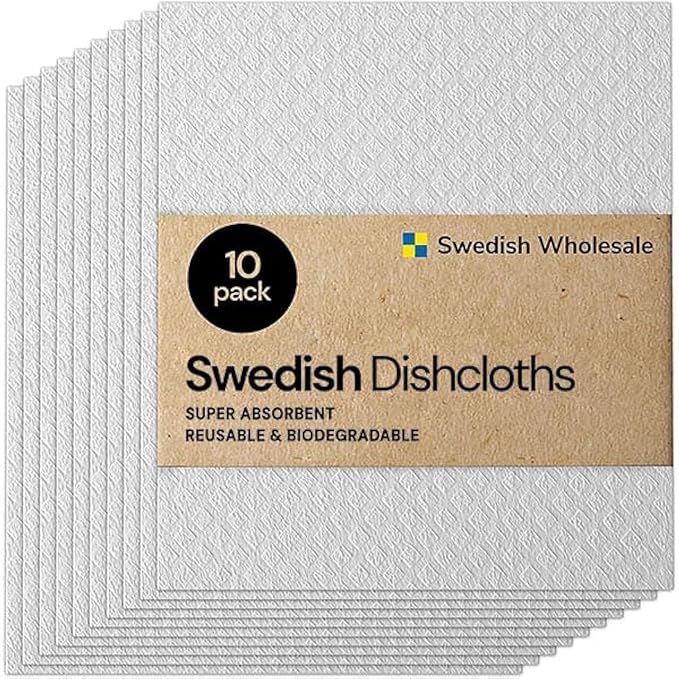 Swedish Wholesale Dishcloths Reusable 8" x 7" Sponge Cloths, Bulk 10 Pack of High Absorbent Cellulose Dish & Kitchen Cleaning Hand Towels, Wring to Dry & Machine Wash, Odor Resistant, White