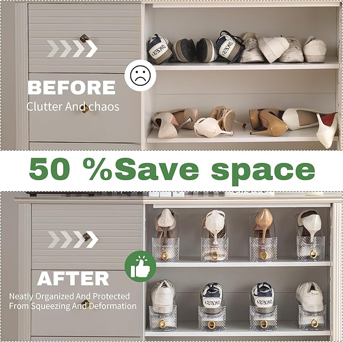 Shoe Slot Organizer 10 Pack - Shoe Slots，Can Save 50% of Shoe Stackers Space，Adjustable Shoe Stacking Device, Double-Layer Design for Shoe Slots Organizer for Closet. (Clear, 10 Pack)