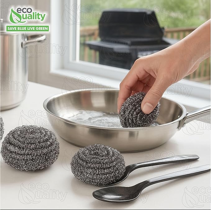 48 Pack Stainless Steel Sponges, Steel Wool Scrubber, Scrubbing Scouring Pad for Pots, Pans and Ovens Great for Kitchen, Bathroom, Outdoors by EcoQuality