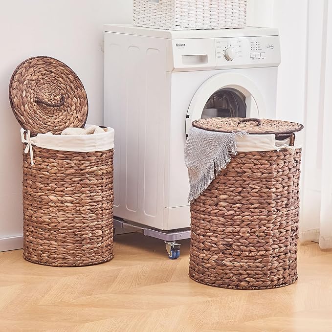 Round Water Hyacinth Laundry Hamper with Lid Handwoven Wicker Basket with Handles for Dirty Clothes, Storage, and Organization Ideal for Bedroom, Bathroom, and Laundry Room, No Assembly Required, 2Pcs