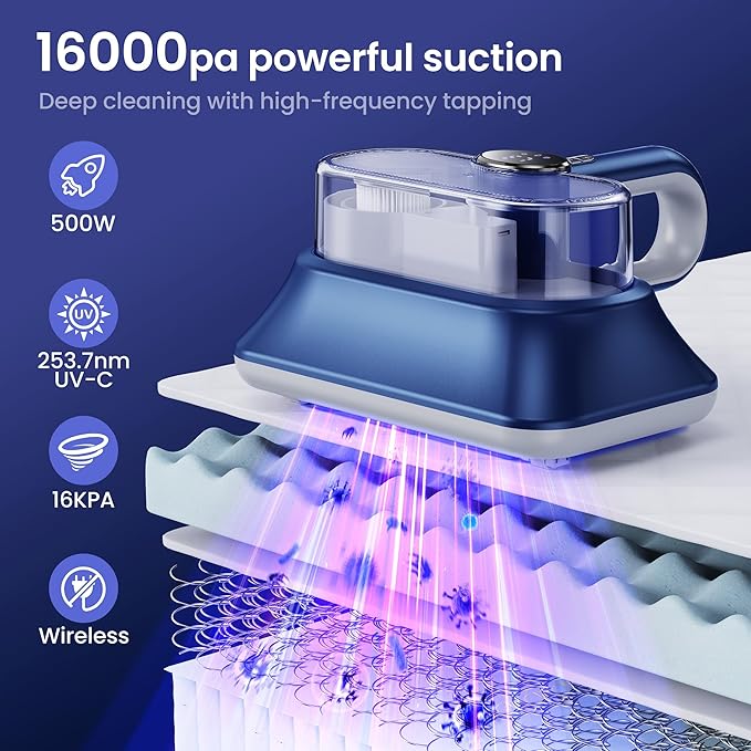 Mattress Vacuum Cleaner Powerful Vibration Handheld Couch Vacuum with UV-C Light and LED Display, HEPA Filter, Versatile Bed Vacuum Cleaner Cordless with Type-C Charging Port for Bed, Sofa, Carpets