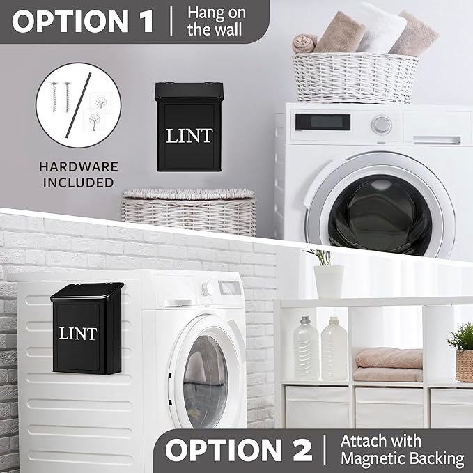 Calindiana Modern Farmhouse Metal Magnetic Lint Bin with Lid and Laundry Room Organization and Storage Wall Mount Space Saving Washer and Dryer Trash Can (Black (LINT Brush Set))