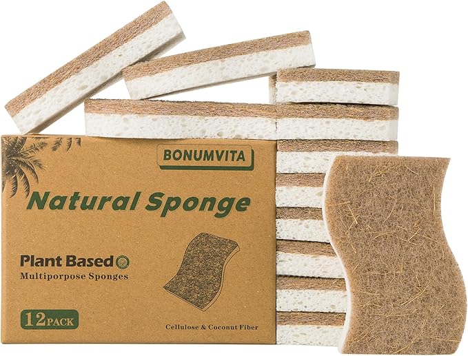 Natural Kitchen Sponge,12 Pack Kitchen Dish Sponge with Coconut Fiber and Compostable Cellulose, Natural Household Cleaning Sponge for Dishes,Pots,Sinks
