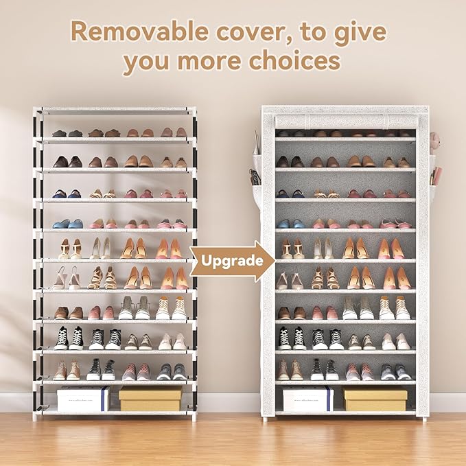 ROJASOP 10 Tier Shoe Rack with Covers Large Capacity Stackable Tall Shoe Shelf Storage for 50-55 Pairs Shoe and Boot, Sturdy Free Standing Shoe Rack Organizer for Closet, Entryway, Bedroom, Printing