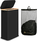 iEGrow 60L Slim Laundry Hamper, Narrow Laundry Basket with Lid,Foldable Clothes Hamper with Bamboo Handles,Hamper Basket with Removable Inner Bag for Laundry Room Bedroom College Dorm,Black