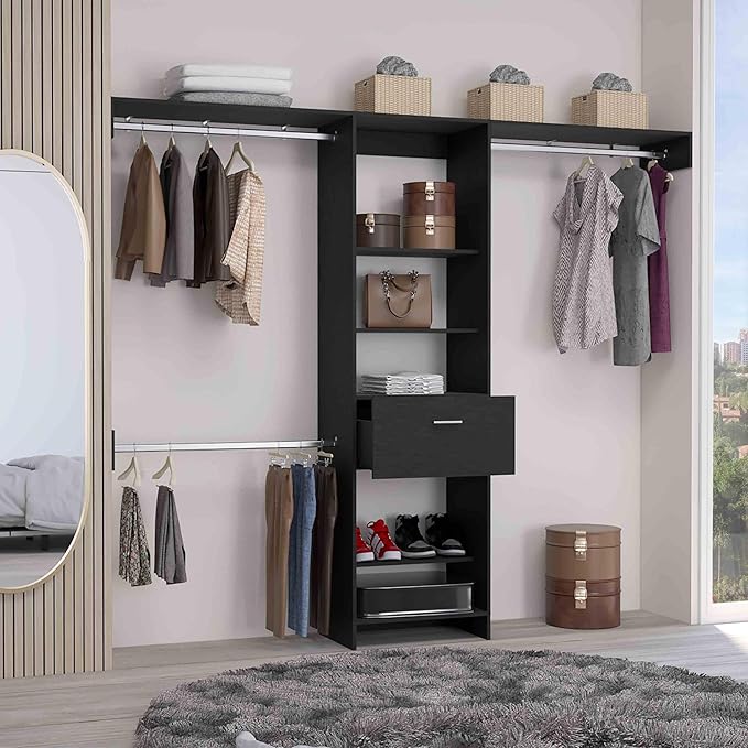 Black Storage Rack One Drawer Three Metal Rods Five Open Shelves for Home Organization