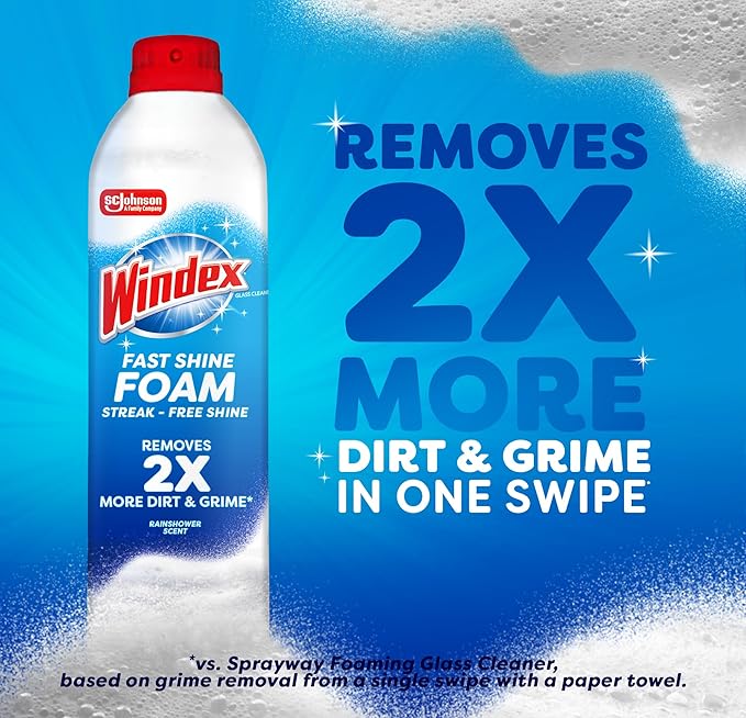 Windex Fast Shine Foam Glass Cleaner, No-Drip Aerosol Cleaning Spray, 19 oz. (Pack of 2)